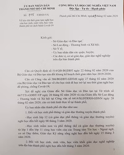 Văn bản 708 do Phó Chủ tịch thường trực Ủy ban nhân dân Thành phố Hồ Chí Minh ký ngày 29/2 (ảnh: P.L) Văn bản 708 do Phó Chủ tịch thường trực Ủy ban nhân dân Thành phố Hồ Chí Minh ký ngày 29/2 (ảnh: P.L)