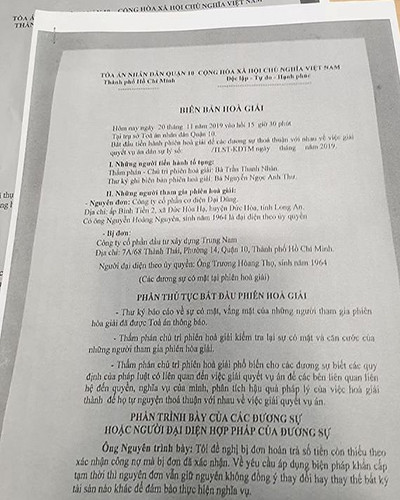 Biên bản hòa giải giữa hai bên tại Tòa án nhân dân quận 10 (ảnh: P.L)