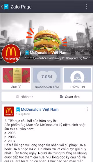 Zalo Page của McDonald’s.