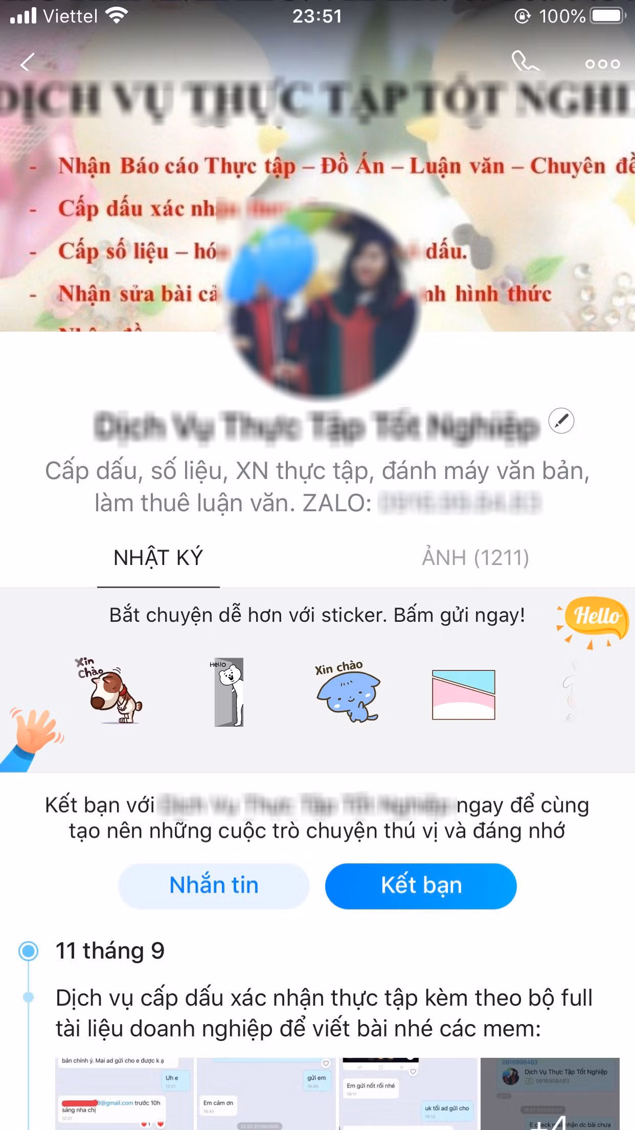 Tài khoản này quảng cáo có thể cung cấp đa dạng các dịch vụ từ cấp dấu, số liệu, xác nhận thực tập, đánh máy văn bản, làm thuê luận văn,... (Ảnh: Thu Trang)