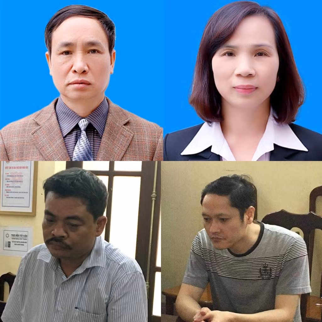 Các bị can từ trên xuống Phạm Văn Khuông; Triệu Thị Chính, Nguyễn Thanh Hoài và Vũ Trọng Lương.