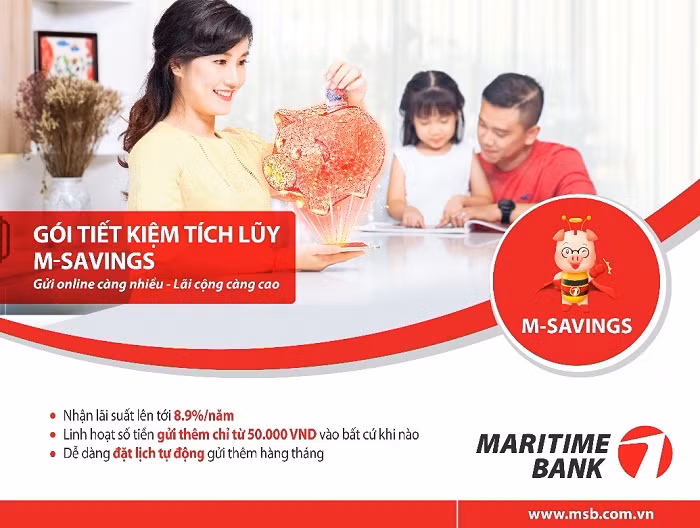 Sử dụng Gói Tiết kiệm M-Savings của Maritime Bank khách hàng có thể nhận mức lãi suất lên tới 8.9%. Sử dụng Gói Tiết kiệm M-Savings của Maritime Bank khách hàng có thể nhận mức lãi suất lên tới 8.9%.