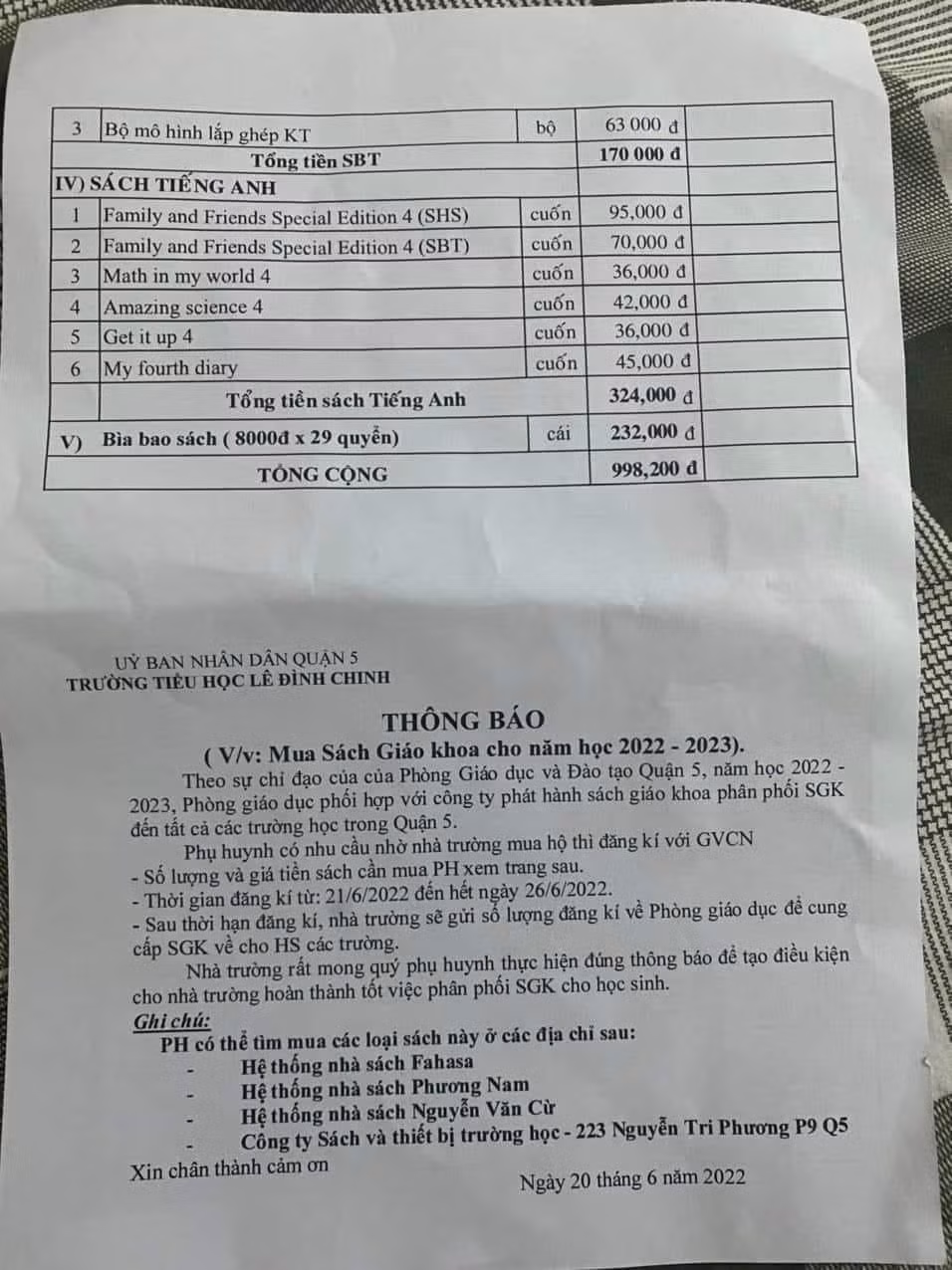 Phiếu đăng ký sách lớp 4 của Trường Tiểu học Lê Đình Chinh, quận 5 (ảnh: CTV)