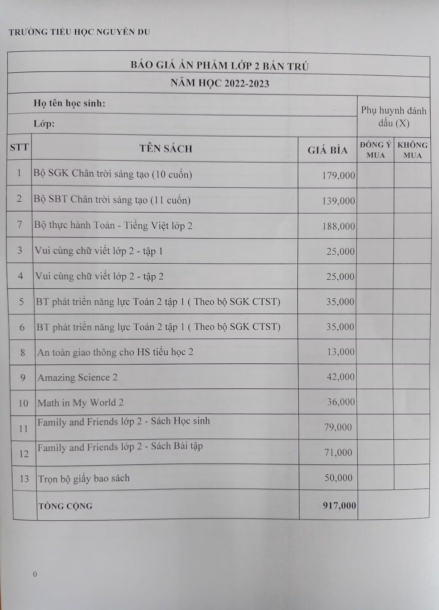 Danh mục các loại sách cần mua của lớp 2 Trường Tiểu học Nguyễn Du khi có thêm cột đồng ý, không đồng ý (ảnh: CTV)