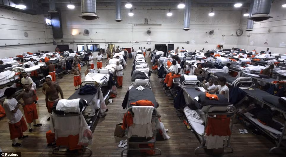 Tù nhân phải sống trong phòng tập thể dục thay vì phòng giam của nhà tù tại "California Institution for Men" ở Chino, bang California Tù nhân phải sống trong phòng tập thể dục thay vì phòng giam của nhà tù tại "California Institution for Men" ở Chino, bang California