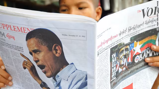 Trên trang bìa nhiều tờ báo xuất bản ở Myanmar hôm nay đều có hình của ông Obama. Trên trang bìa nhiều tờ báo xuất bản ở Myanmar hôm nay đều có hình của ông Obama.