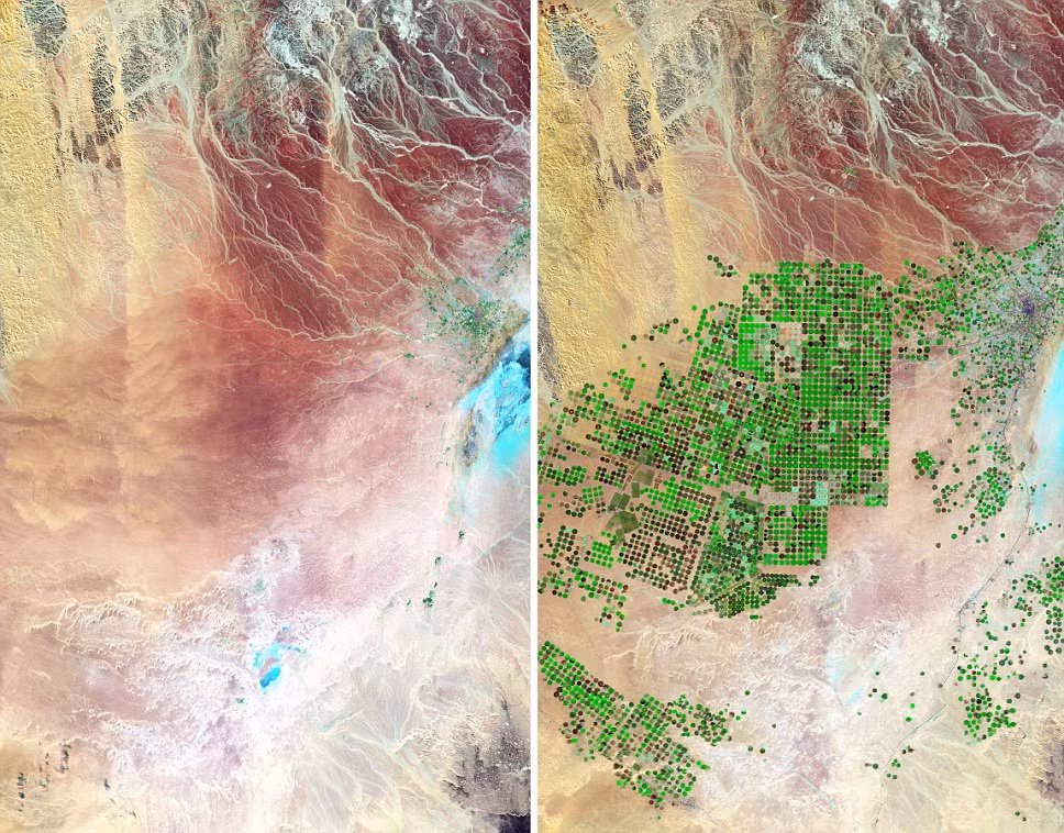 Lưu vực sông Wadi As-Sirhan Basin ở Ả Rập Saudi năm 1987 (trái) và năm 2012. Sa mạc đã được phát triển thành đất công nghiệp và nước sông được khai thác để phục vụ canh tác nông nghiệp.