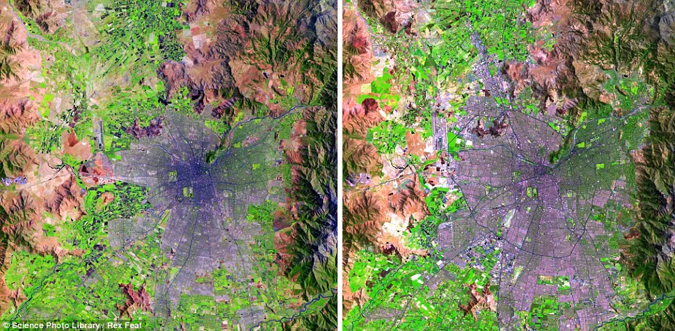 Sự mở rộng của thành phố Santiago, Chile trong năm 2010 (phải) so với năm 1985.