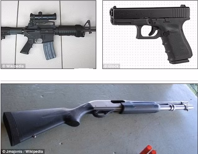 Từ trái sang phải: Khẩu Colt AR-15 Tactical Carbine, khẩu súng lục Glock cỡ nòng 0,40 và khẩu Remington 870 Marine Magnum (dưới) Holmes đã thu thập được để dùng trong vụ thảm sát. Từ trái sang phải: Khẩu Colt AR-15 Tactical Carbine, khẩu súng lục Glock cỡ nòng 0,40 và khẩu Remington 870 Marine Magnum (dưới) Holmes đã thu thập được để dùng trong vụ thảm sát.