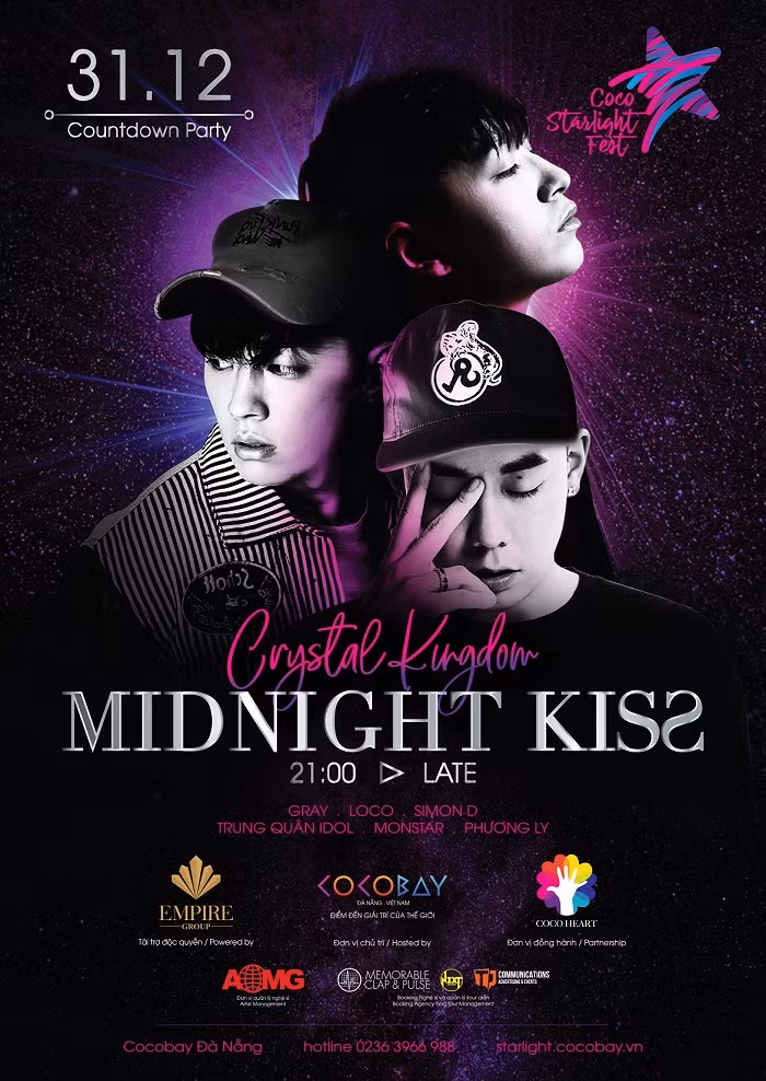 Simon D, Gray và Loco là ba khách mời đặc biệt sẽ có mặt tại đại nhạc hội Midnight Kiss tại Cocobay Đà Nẵng.