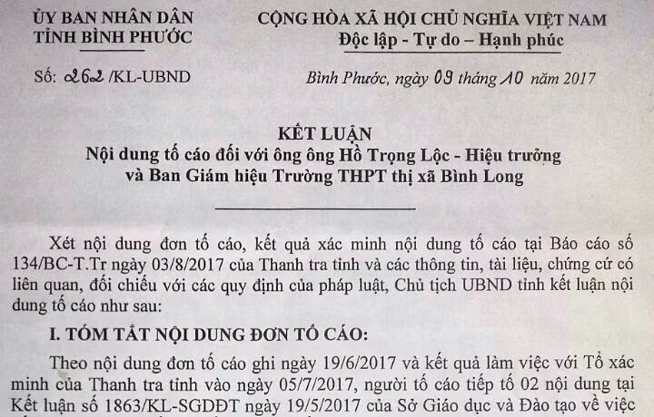 Kết luận nội dung tố cáo đối với ông Hồ Trọng Lộc - Hiệu trưởng và Ban giám hiệu Trường Trung học phổ thông thị xã Bình Long.