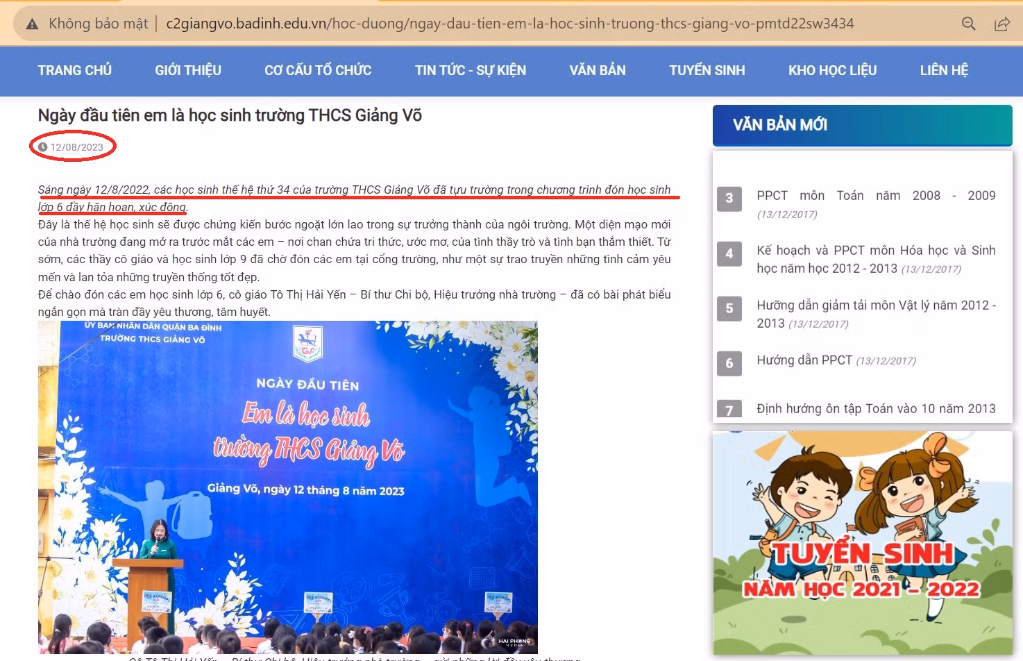 Trang website chính thức của Trường Trung học cơ sở Giảng Võ đăng tải thông tin về ngày tựu trường sáng ngày 12/8/2023. Ảnh chụp màn hình