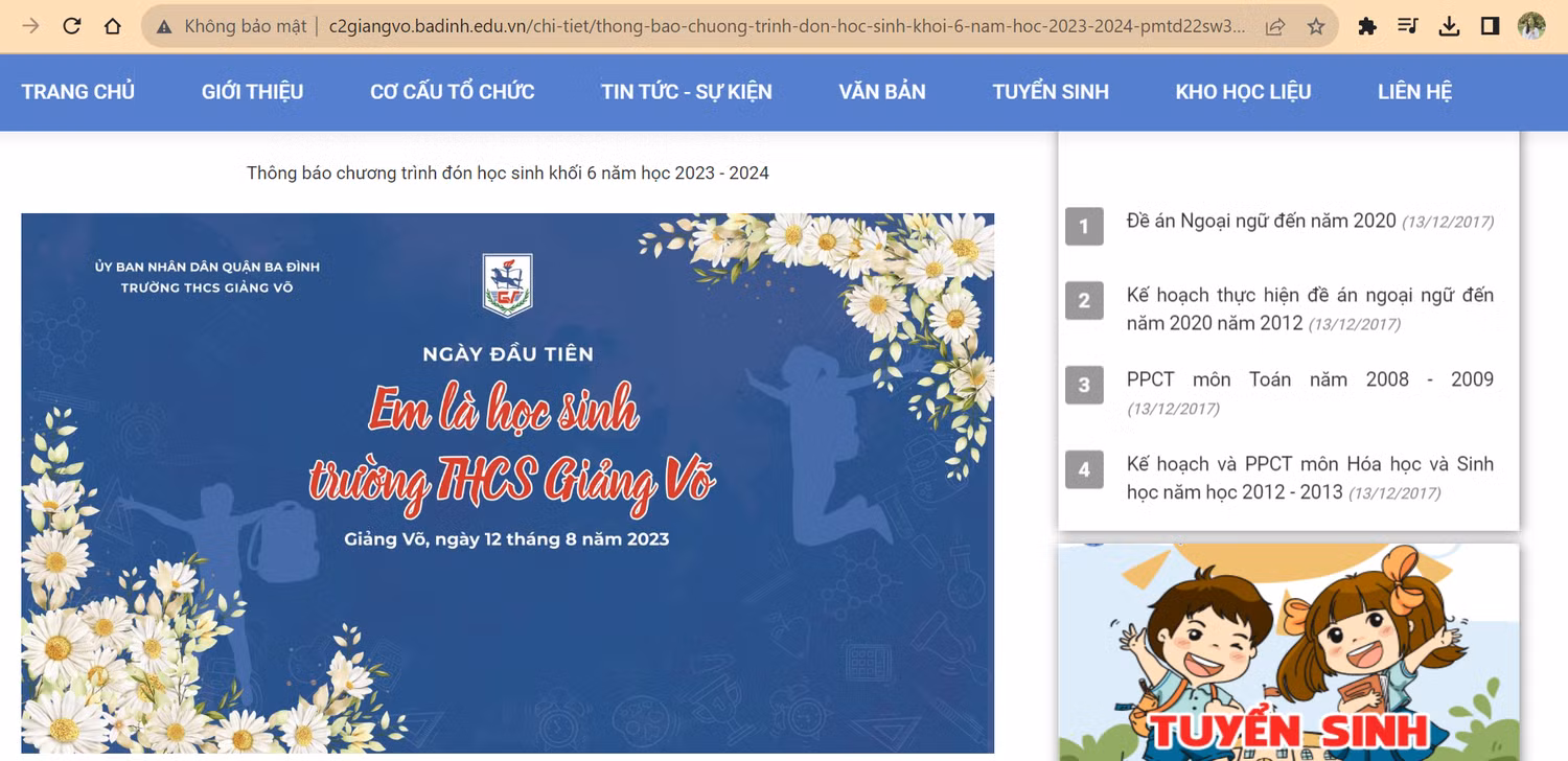 Thông báo chương trình đón học sinh khối 6 năm học 2023 - 2024 được đăng tải trên trang website chính thức của nhà trường. Ảnh chụp màn hình