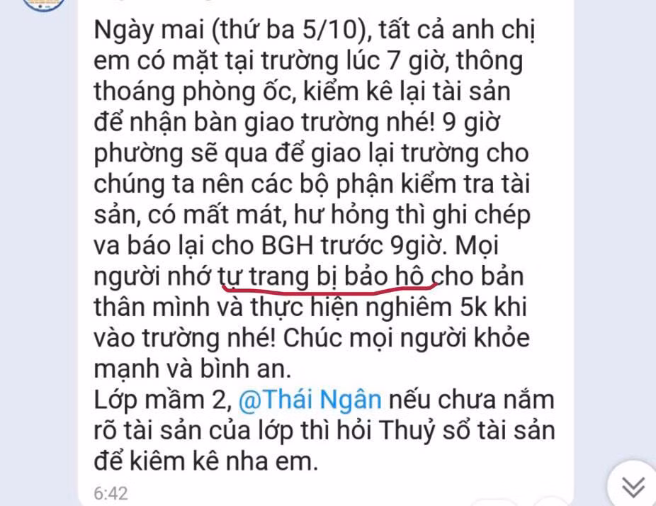 Tin nhắn của hiệu trưởng gửi tới toàn thể giáo viên, nhân viên nhà trường (ảnh: GVCC)