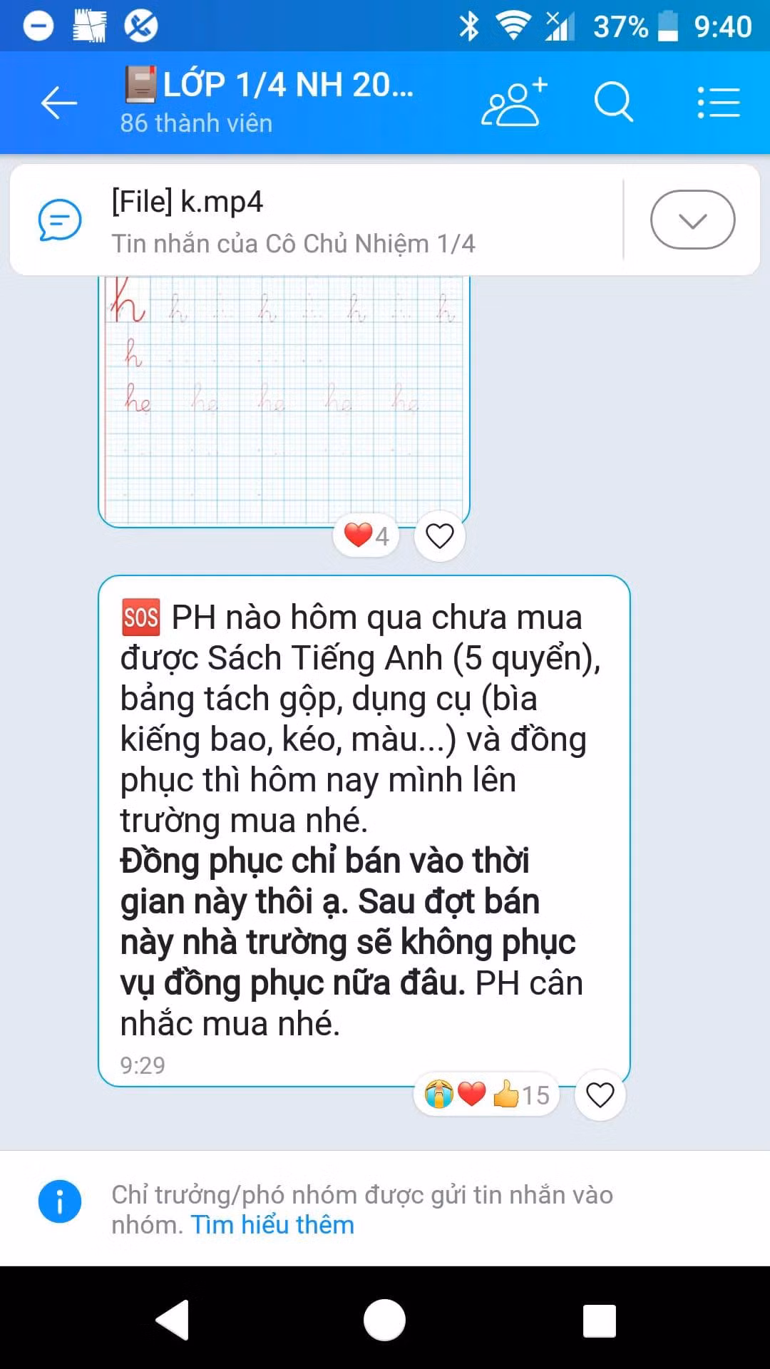 Tin nhắn giáo viên lớp 1/4 gửi cho phụ huynh trong group zalo của lớp (ảnh: CTV) Tin nhắn giáo viên lớp 1/4 gửi cho phụ huynh trong group zalo của lớp (ảnh: CTV)