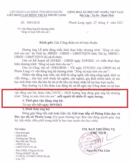 Liên đoàn Lao động thị xã Phước Long kêu gọi ủng hộ một ngày lương (Ảnh CTV)