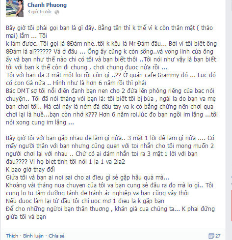 Những dòng chia sẻ của Phương Thanh trên trang cá nhân.