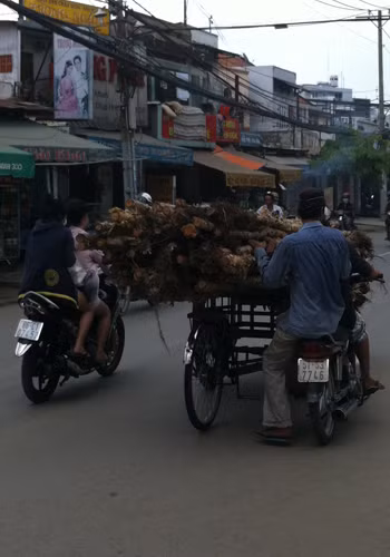 2 người đẩy 1 xe 3 bánh đi bon bon trên đường, lỡ có chướng ngại vật phía trước thì chắc.......chạy tự do! Ảnh: Trần Đức Tuấn.