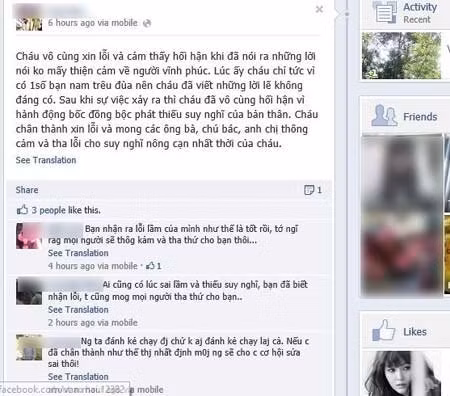 Lời xin lỗi của nữ sinh trên trang facebook cá nhân (Ảnh chụp lại từ màn hình) Lời xin lỗi của nữ sinh trên trang facebook cá nhân (Ảnh chụp lại từ màn hình)