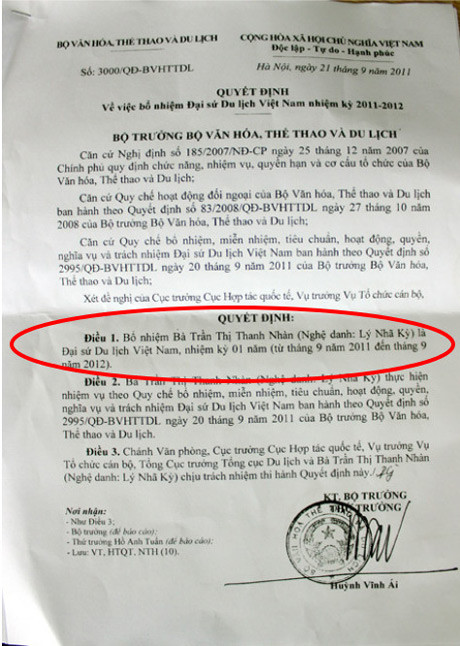 sơ suất về thông tin trên văn bản quyết định bổ nhiệm bà Trần Thị Thanh Nhàn (nghệ danh Lý Nhã Kỳ) là Đại sứ Du lịch Việt Nam thiếu ngày, tháng,năm sinh, nơi sinh, địa chỉ thường trú, công việc hiện tại. sơ suất về thông tin trên văn bản quyết định bổ nhiệm bà Trần Thị Thanh Nhàn (nghệ danh Lý Nhã Kỳ) là Đại sứ Du lịch Việt Nam thiếu ngày, tháng,năm sinh, nơi sinh, địa chỉ thường trú, công việc hiện tại.