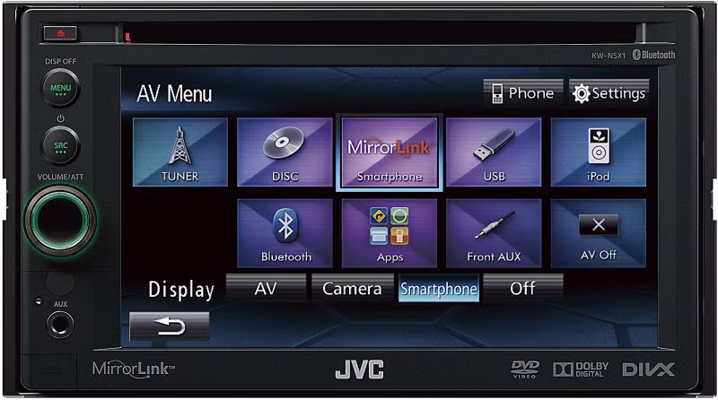Thiết bị kết nối di động ở Châu Âu: JVC KW-NSX1 Đây là hệ thống in car có màn hình cảm ứng 6,1", cho phép người sử dụng tương tác một cách dễ dàng với các thiết bị lưu trữ như DVD, CD, USB, hỗ trợ kết nối Bluetooth và khả năng tương thích với các máy iOS. Đây cũng là một trong những thiết bị đầu tiên trên thị trường dùng công nghệ Mirror Link để truyền tải hình ảnh từ thiết bị Android hoặc Symbian, do đó người dùng có thể sử dụng được các phần mềm của mình trên một màn hình lớn và thuận tiện hơn cho việc điều hướng khi lái xe. Thiết bị kết nối di động ở Châu Âu: JVC KW-NSX1 Đây là hệ thống in car có màn hình cảm ứng 6,1", cho phép người sử dụng tương tác một cách dễ dàng với các thiết bị lưu trữ như DVD, CD, USB, hỗ trợ kết nối Bluetooth và khả năng tương thích với các máy iOS. Đây cũng là một trong những thiết bị đầu tiên trên thị trường dùng công nghệ Mirror Link để truyền tải hình ảnh từ thiết bị Android hoặc Symbian, do đó người dùng có thể sử dụng được các phần mềm của mình trên một màn hình lớn và thuận tiện hơn cho việc điều hướng khi lái xe.