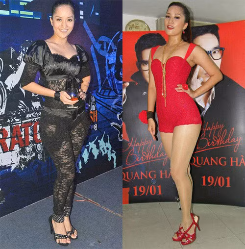 Với đôi chân khá to bởi tập luyện dancesport từ bé, có lẽ những chiếc váy dài hoặc những chiếc đầm sang trọng và quý phái sẽ phù hợp với Khánh Thi hơn.