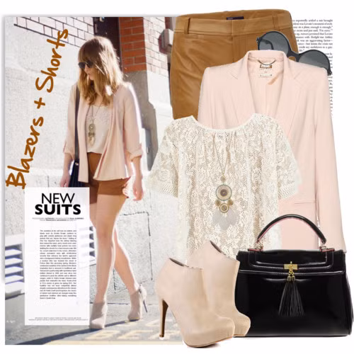 Ngọt ngào tuyệt đối với shorts da nâu, áo ren trắng cùng blazer và ankle boot ton-sur-ton hồng nude.