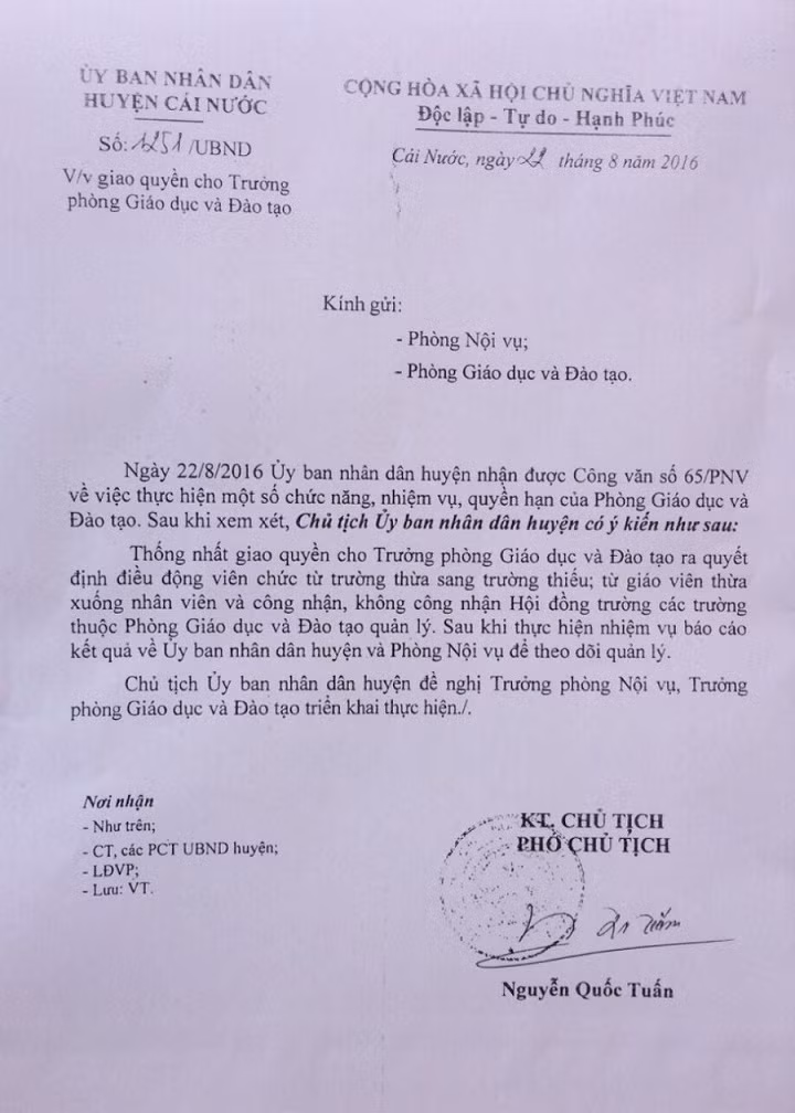 Công văn số 1251/UBND ngày 22/8/2016 của Ủy ban Nhân dân huyện Cái Nước.