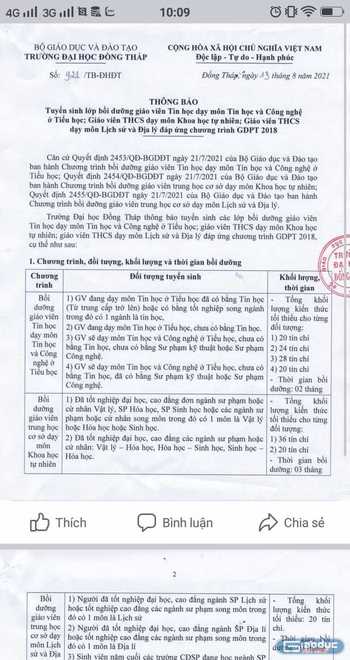 Thông báo chiêu sinh học chứng chỉ tích hợp của Trường Đại học Đồng Tháp.