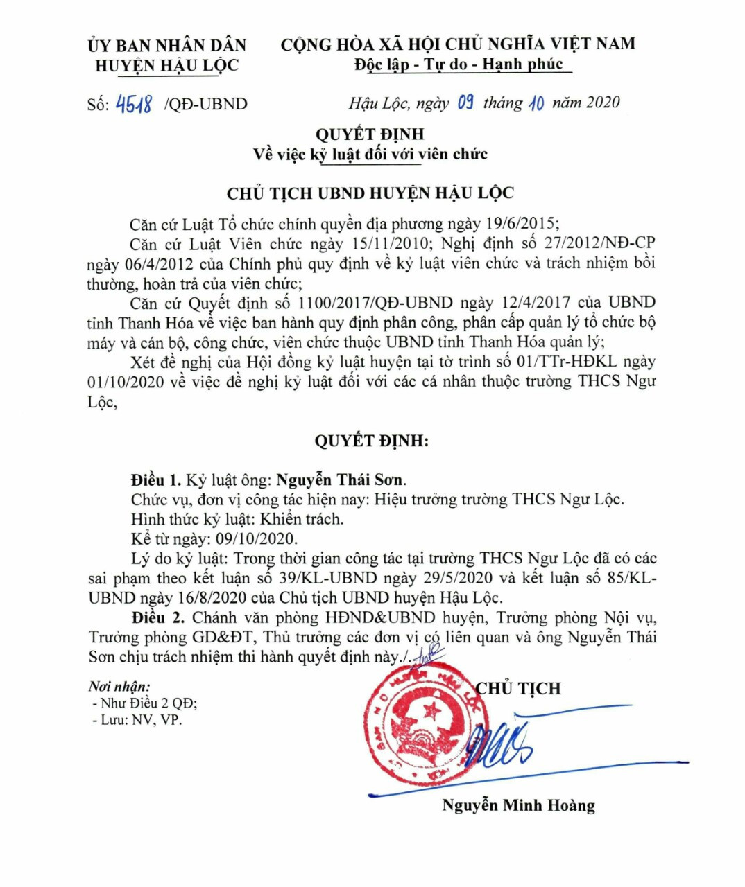Quyết định kỷ luật đối với ông Nguyễn Thái Sơn. Ảnh: LC