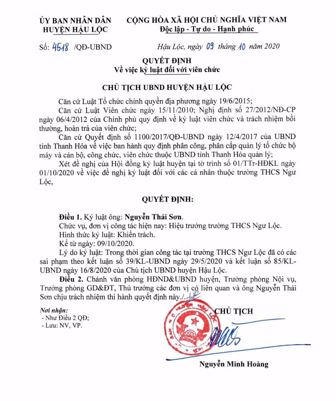 Quyết định kỷ luật đối với ông Nguyễn Thái Sơn. Ảnh: LC Quyết định kỷ luật đối với ông Nguyễn Thái Sơn. Ảnh: LC