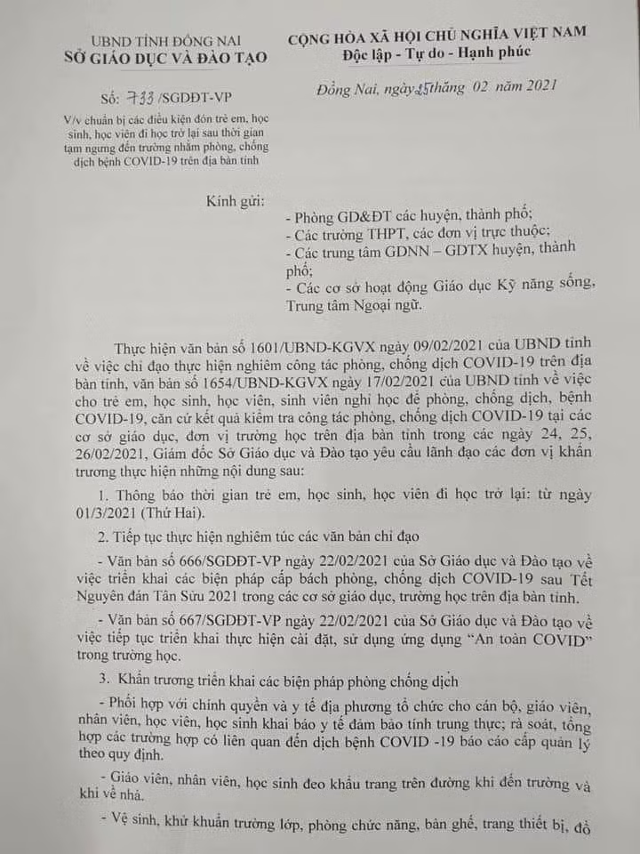 Trích văn bản 733 của Giám đốc Sở Giáo dục Đồng Nai ký ngày 25/2/2021 (ảnh: P.L)