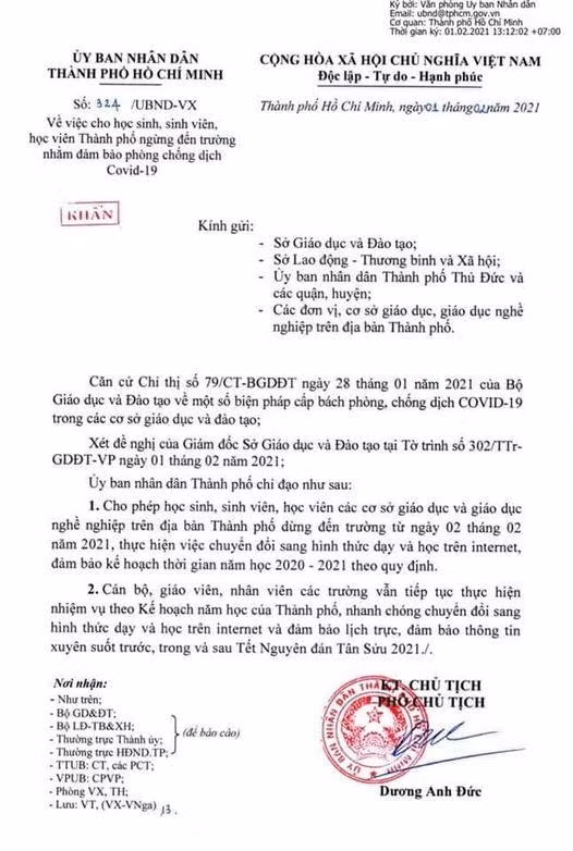 Văn bản 324 của Phó Chủ tịch Ủy ban nhân dân Thành phố Hồ Chí Minh ký (ảnh: P.L)