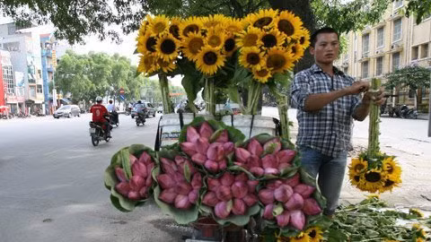 Bày biện hoa trên chiếc xe máy sao cho đẹp là yếu tố để hút khách.