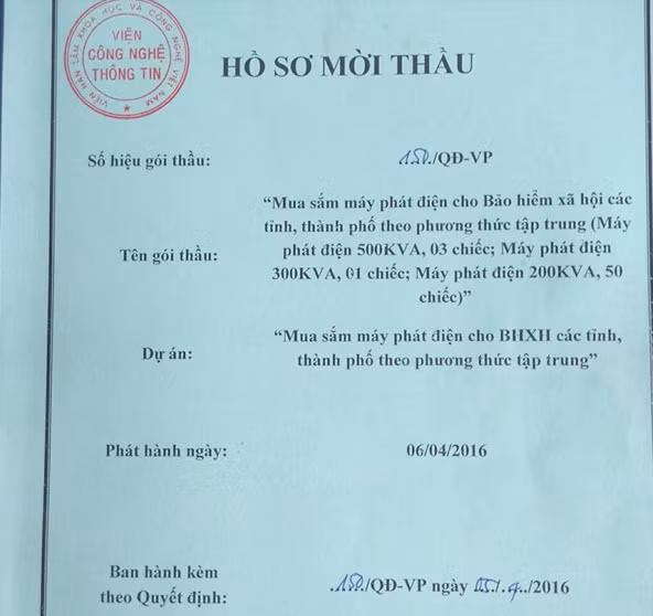 Hồ sơ mời thầu, gói thầu mua sắp máy phát điện cho Bảo hiểm xã hội tỉnh, thành phố... (ảnh: TIẾN MINH).