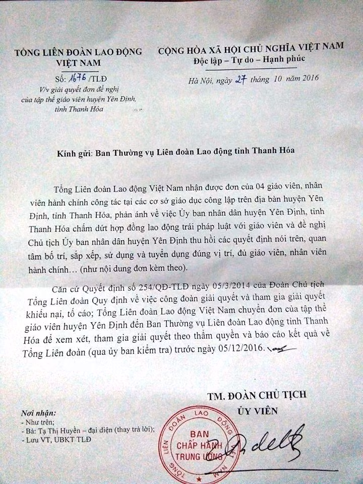 Tổng liên đoàn Lao động Việt Nam có công văn số 1676/TLĐ về việc giải quyết đơn đề nghị của tập thể giáo viên huyện Yên Định, tỉnh Thanh Hóa. Ảnh: QUỐC TOẢN. Tổng liên đoàn Lao động Việt Nam có công văn số 1676/TLĐ về việc giải quyết đơn đề nghị của tập thể giáo viên huyện Yên Định, tỉnh Thanh Hóa. Ảnh: QUỐC TOẢN.