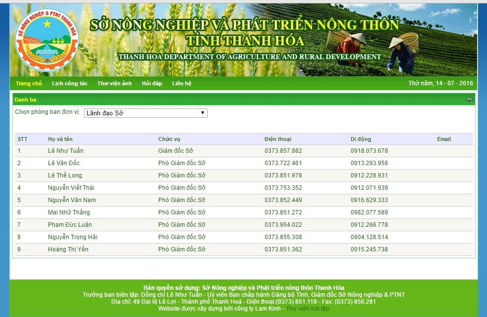 Danh sách lãnh đạo Sở Nông nghiệp Thanh Hóa gồm Giám đốc và 8 Phó Giám đốc trên website Sở này ngày 14/7/2016. Ảnh chụp màn hình.