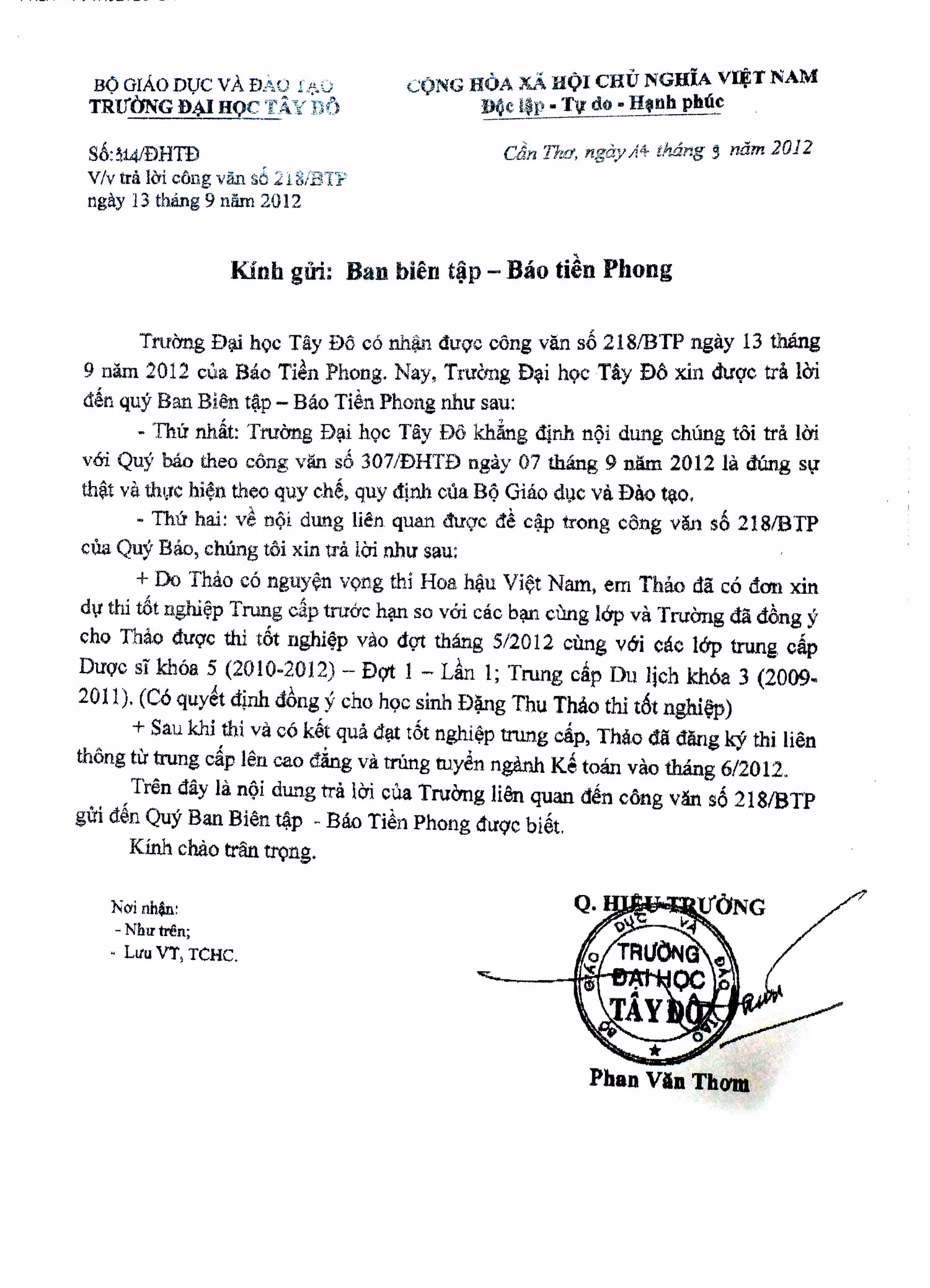 Công văn của Đại học Tây Đô gửi báo Tiền Phong Công văn của Đại học Tây Đô gửi báo Tiền Phong